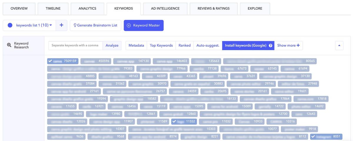 AppTweak ASO Tool: Access your top install keywords directly in AppTweak's keyword suggestion tool.